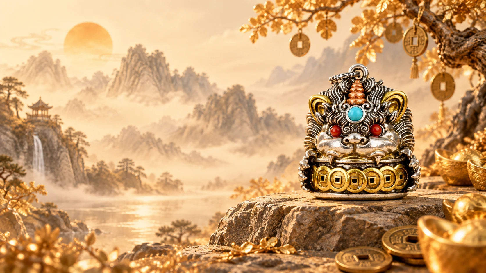 Pixiu guardian pendant in a golden mountain landscape