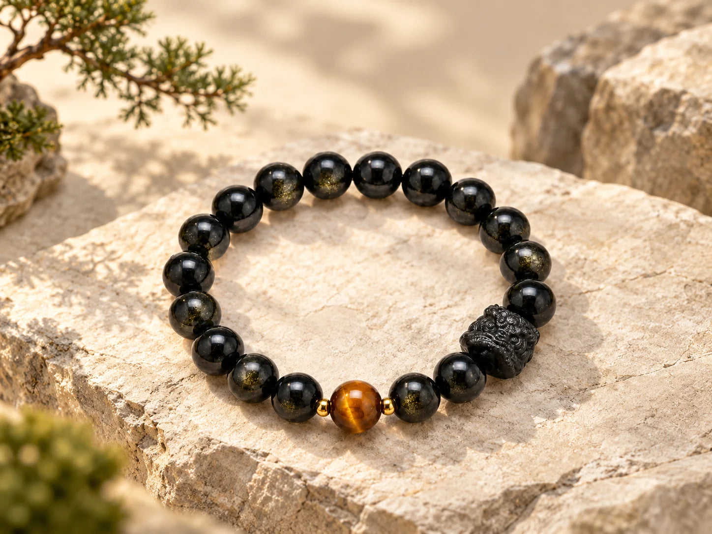 Pixiu tiger eye and silver obsidian bracelet
